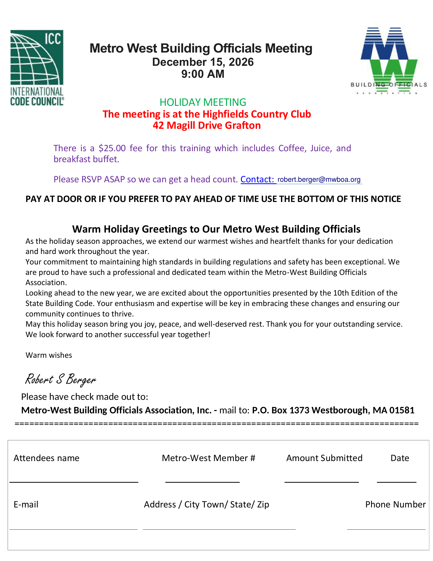 Metro-West Building Officials Holiday Meeting notice for December 15, 2026 at Highfields Country Club, Grafton